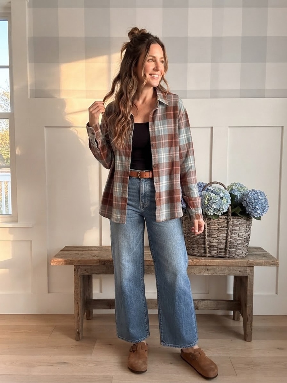 Altar'd State Plaid Button-Down Shirt Jacket in Rust and Light Blue Medium